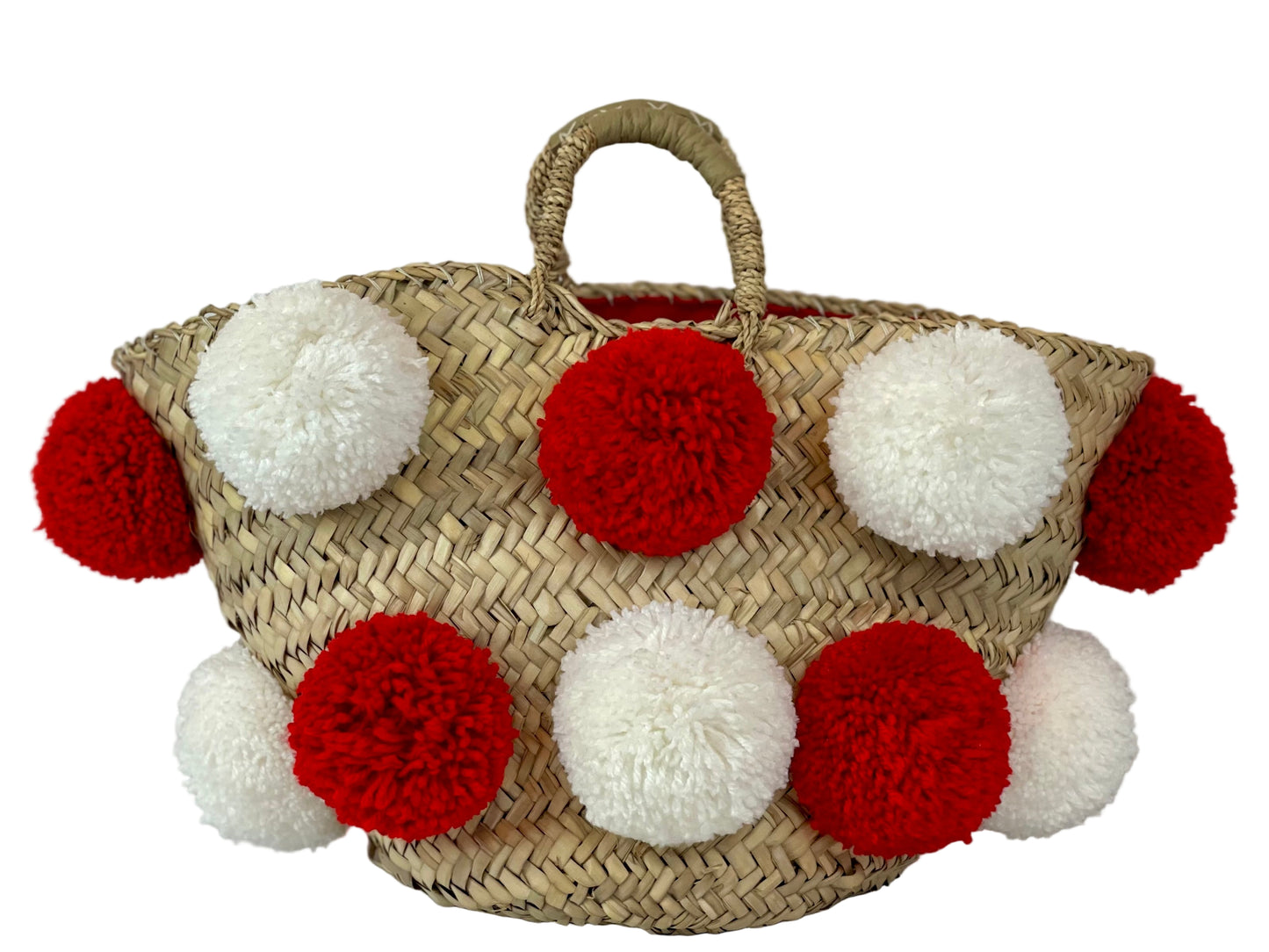 Basket with handmade white and red pom poms
