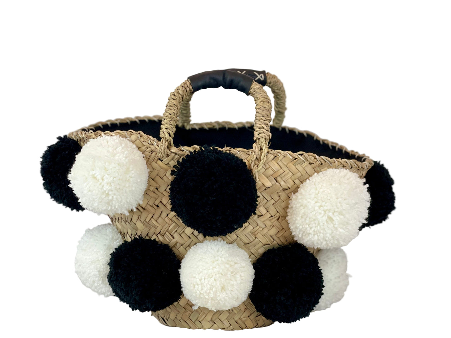 Handmade black and white pom pom basket