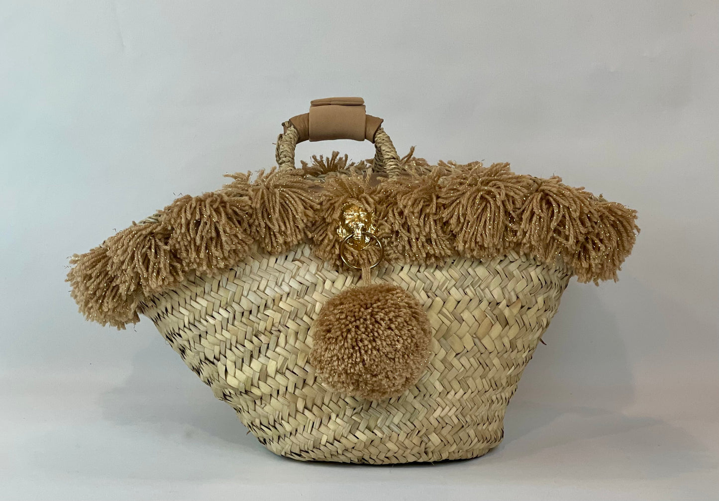 Basket with ceramic Maiden and gold pom pom