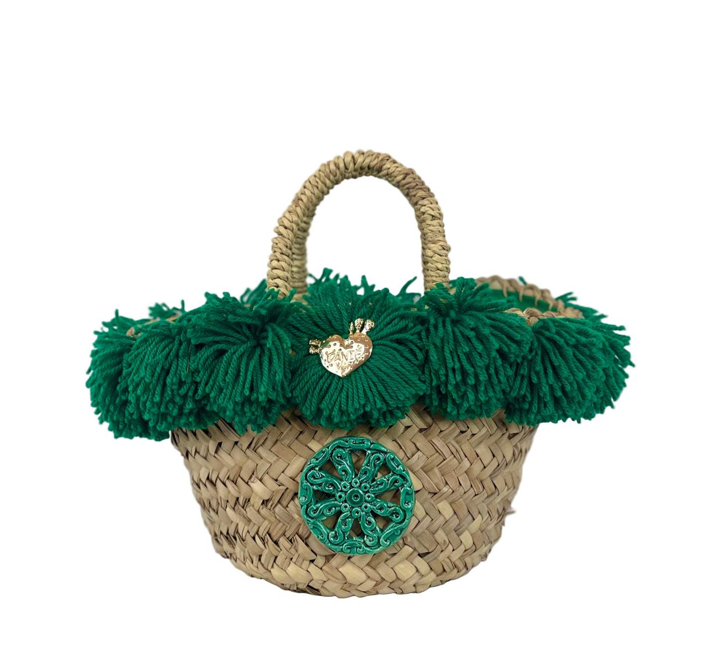 Coffa con Ruota in ceramica di Caltagirone e passamaneria verde