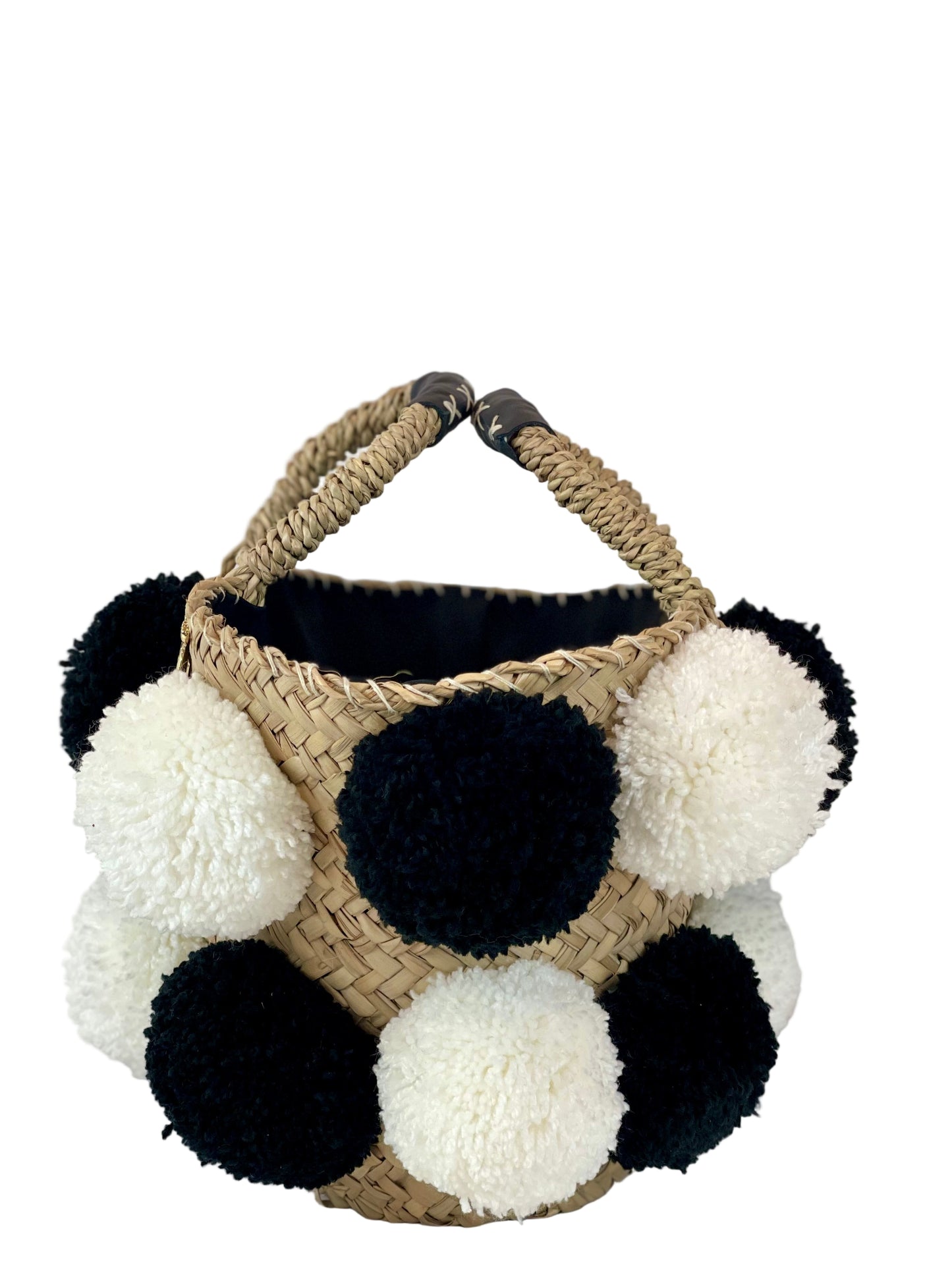 Handmade black and white pom pom basket