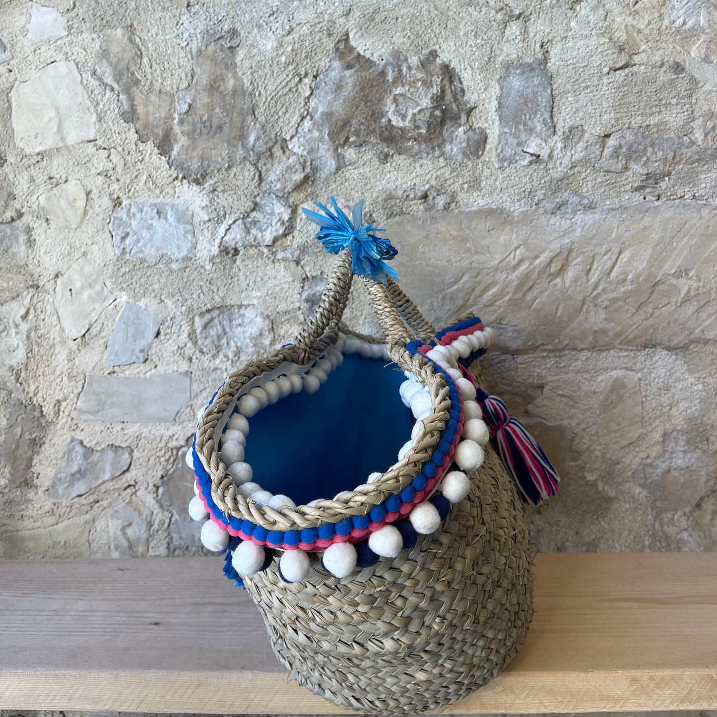 Sicilian basket with blue raffia flower