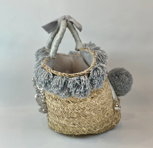 Basket with ceramic Maiden and silver pom pom 