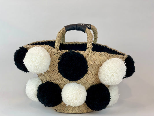Handmade black and white pom pom basket
