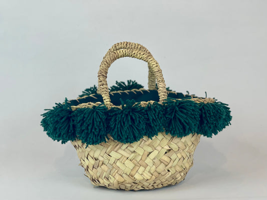 Basket with ceramic Wheel and dark green pom pom