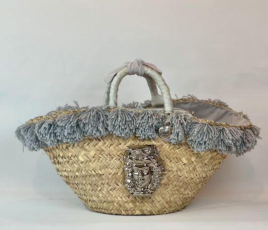 Basket with ceramic Maiden and silver pom pom 