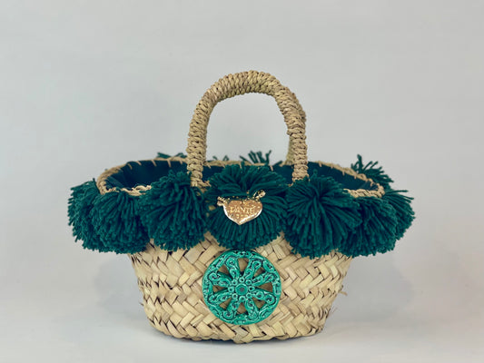 Basket with ceramic Wheel and dark green pom pom