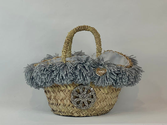 Basket with ceramic Wheel and silver pom pom