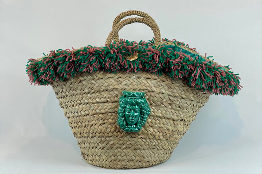 Basket with ceramic Maiden and red sequins
