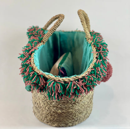 Basket with ceramic Maiden and red sequins