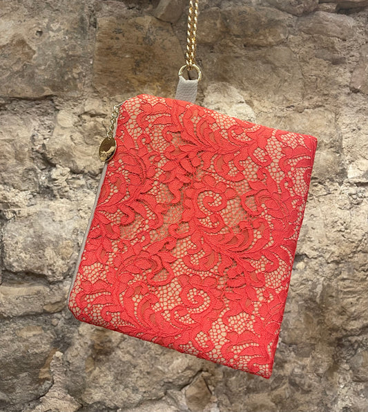 Coral pink lace clutch bag