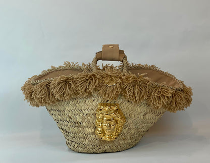 Basket with ceramic Maiden and gold pom pom
