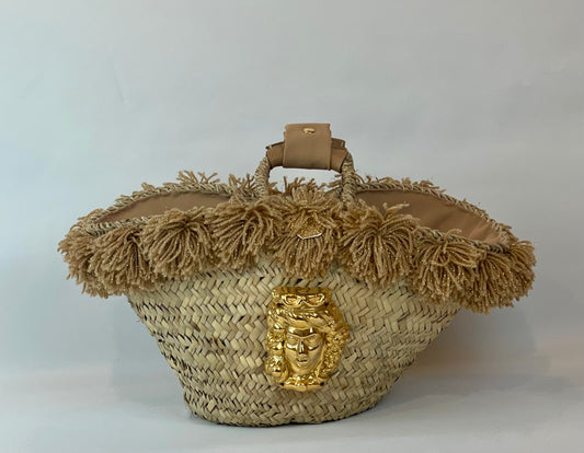 Basket with ceramic Maiden and gold pom pom