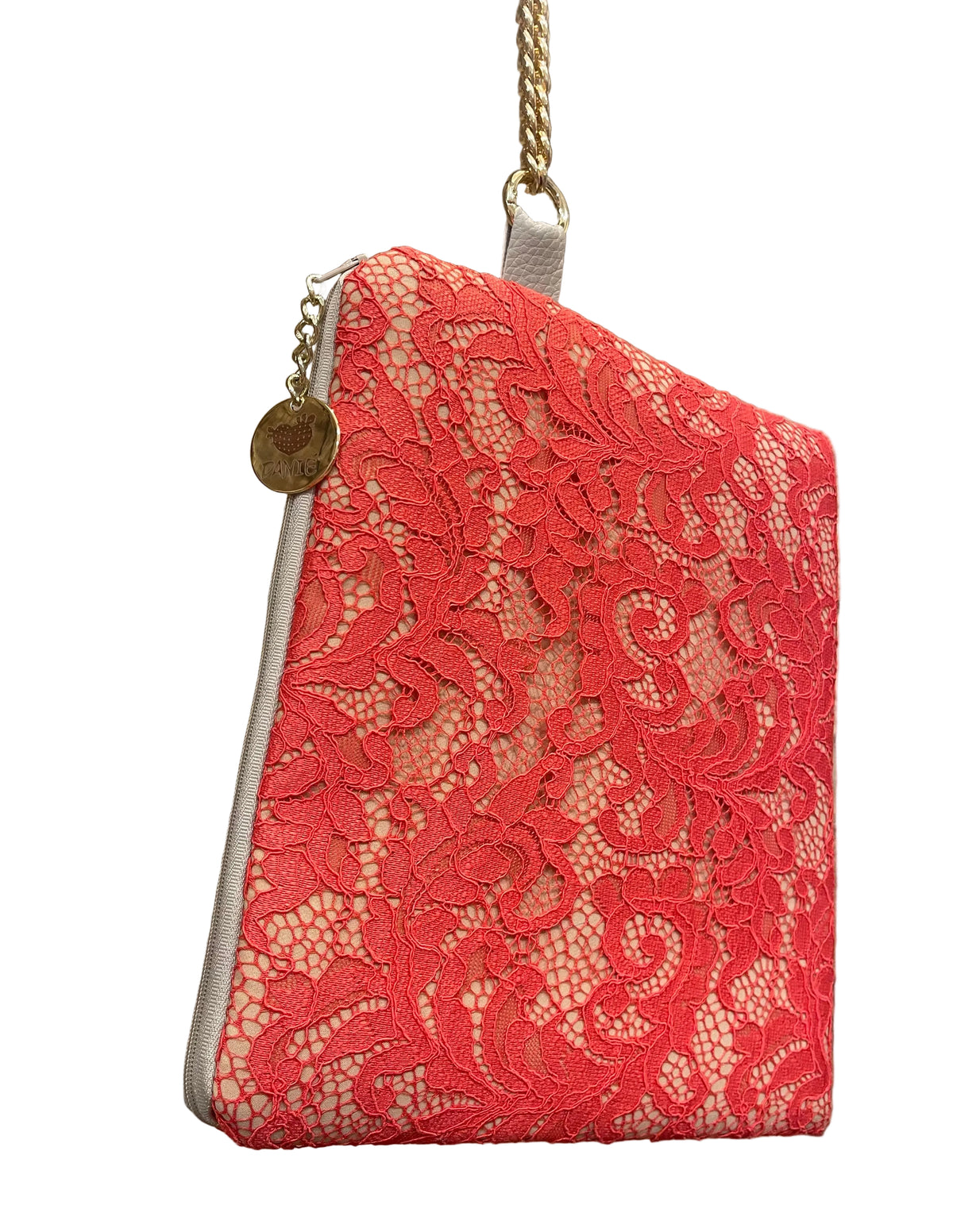 Coral pink lace clutch bag