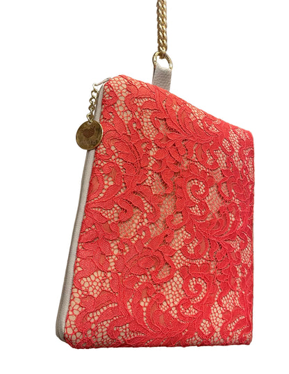 Coral pink lace clutch bag