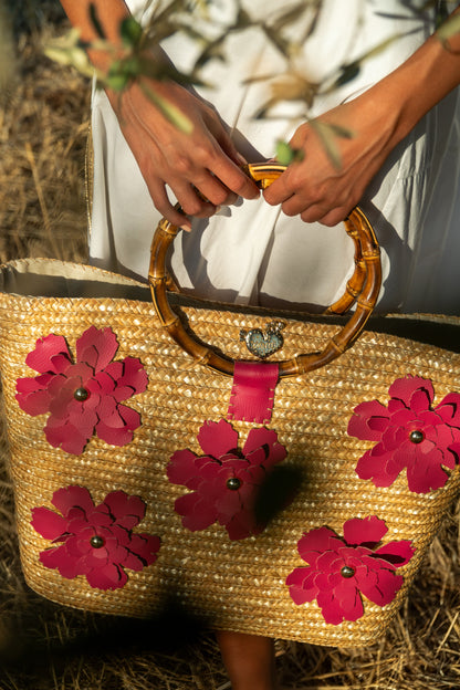Peonia Bag con fiori e manici in bambù