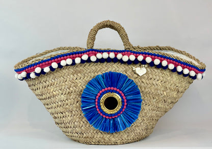 Sicilian basket with blue raffia flower 