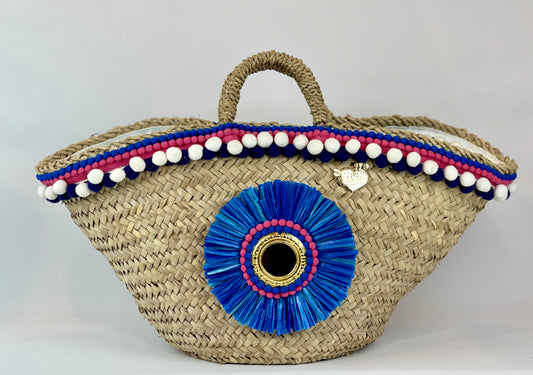 Sicilian basket with blue raffia flower 