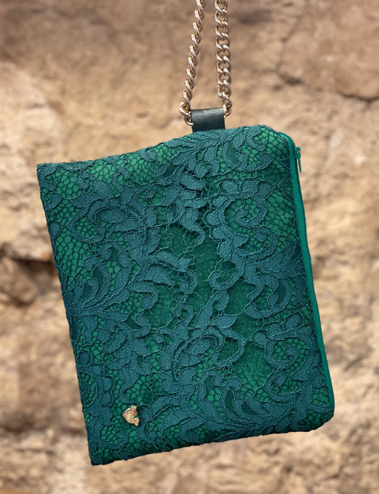 Pochette in pizzo verde scuro