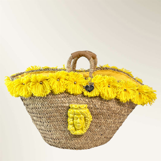 Basket with ceramic Girl and yellow pom pom