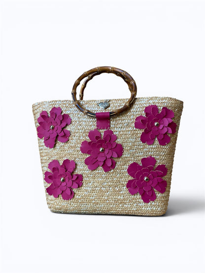 Peonia Bag con fiori e manici in bambù