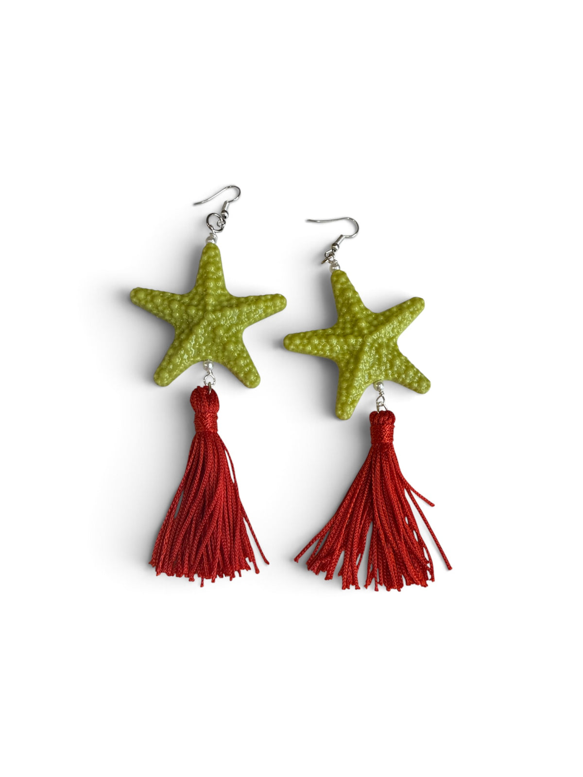 Orecchini Stella Marina verde pistacchio nappe rosse